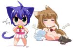  bell blue_hair bone bones brown_hair cat_ears cat_tail chibi crossover fang green_eyes holo ikuta_takanon kyouran_kazoku_nikki long_hair midarezaki_kyouka short_hair spice_and_wolf tail takanon translated wolf_ears 