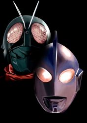  2boys 4ze_meteor absurdres alien antennae black_background bug colored_skin commentary compound_eyes crossover dorsal_fin glowing glowing_eyes gradient_eyes grasshopper green_helmet head_only helmet highres kamen_rider kamen_rider_1 kamen_rider_1_(shin) looking_at_viewer male_focus mask multicolored_eyes multiple_boys red_eyes red_scarf scarf shin_kamen_rider shin_ultraman silver_skin simple_background tokusatsu ultra_series ultraman ultraman_(shin) white_eyes yellow_eyes 