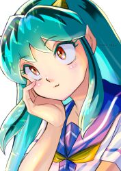  1girl artist_name blue_sailor_collar closed_mouth colored_eyelashes commentary_request cone_horns eyelashes green_hair hand_up head_rest head_tilt horns long_hair looking_up lum miz_mus neckerchief oni orange_eyes pointy_ears portrait sailor_collar school_uniform serafuku shirt sidelocks simple_background smile solo thinking twitter_username urusei_yatsura white_background white_shirt yellow_neckerchief 
