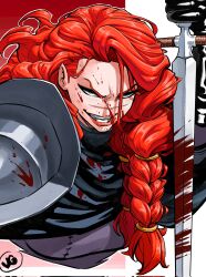  1girl armor blood blood_on_armor blood_on_face blood_on_weapon braid commentary commission english_commentary green_eyes grin highres holding holding_sword holding_weapon initial jgeorgedrawz long_hair looking_at_viewer original pauldrons red_hair scar scar_on_face scar_on_nose shoulder_armor smile solo sword weapon 
