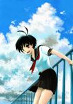  bad_id black_hair cloud clouds idolmaster kikuchi_makoto kimura_(pixiv178485) railing school_uniform serafuku short_hair sky smile 