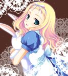  alice alice_(wonderland) apron blonde_hair green_eyes hold holding tanabe white_rabbit 