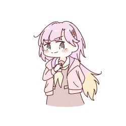  &gt;:) 1girl amano_tatsu blonde_hair blue_eyes blush borrowed_accessory borrowed_hairstyle brown_dress closed_mouth commentary deformed dress gradient_hair hair_ornament hasu_no_sora_school_uniform highres hood hooded_jacket jacket katsuragi_izumi link!_like!_love_live! long_hair long_sleeves looking_at_viewer love_live! multicolored_hair neckerchief open_clothes open_jacket pink_hair pink_jacket sailor_collar sailor_dress school_uniform simple_background smile solo split_mouth triangle_hair_ornament v-shaped_eyebrows virtual_youtuber white_background white_sailor_collar winter_uniform wolf_cut yellow_neckerchief 