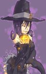  1girl blair detached_sleeves glow glowing hat nankinjouto pumpkin purple_hair soul_eater wink witch_hat yellow_eyes 