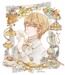  1boy blazer blonde_hair bow bowtie breast_pocket character_request cherry chocolate_syrup closed_mouth coffee coffee_beans coffee_grinder coffee_mug collared_jacket collared_shirt commentary_request cropped_torso cup expressionless flower food formal_clothes fruit grey_jacket grey_shirt hair_between_eyes handkerchief hatimitu_club highres holding holding_paper ice_cream jacket kettle kikai_sentai_zenkaiger lamp lapel_pin lapels lily_of_the_valley long_sleeves male_focus mug notched_lapels paper picture_frame pocket pudding saucer shirt short_hair simple_background solo sugar_cube sundae super_sentai thick_eyebrows traditional_bowtie twitter_username watermark whipped_cream white_background white_flower yellow_bow yellow_bowtie yellow_eyes 