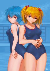  ayanami_rei blonde_hair blue_eyes blue_hair kobayashi_yuji kobayashi_yuuji multiple_girls neon_genesis_evangelion one-piece_swimsuit orange_hair red_eyes short_hair signature souryuu_asuka_langley swimsuit twintails water 