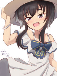  1girl anchor_symbol black_hair blush bracelet cosplay dated dress gradient_hair hat highres jewelry kantai_collection looking_at_viewer multicolored_hair open_mouth sawatani_(chevalier_04056) short_hair smile solo straw_hat sundress tokitsukaze_(kancolle) twitter_username violet_eyes white_background white_dress yukikaze_(kancolle) yukikaze_(kancolle)_(cosplay) yukikaze_(summer)_(kancolle) 