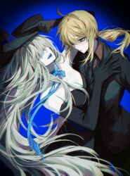  2girls artoria_pendragon_(fate) black_dress black_gloves black_suit blonde_hair blue_lips dress elbow_gloves fate/grand_order fate_(series) gloves green_eyes hair_between_eyes highres long_hair morgan_le_fay_(fate) morgan_le_fay_(fate/apocrypha) multiple_girls siblings sisters smile suit very_long_hair white_hair 