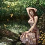  artist_request butterfly dress forest idnar nature realistic red_hair redhead scenery sitting smile solo water 