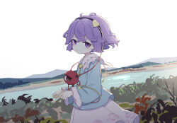  1girl absurdres black_hairband blue_shirt blush collared_shirt commentary contrast_collar cowboy_shot day frilled_shirt_collar frilled_sleeves frills hair_ornament hairband heart heart_hair_ornament highres kame_(kamepan44231) komeiji_satori long_sleeves looking_at_viewer mountainous_horizon outdoors pink_skirt purple_hair ribbon-trimmed_collar ribbon_trim shirt short_hair skirt sky solo third_eye touhou violet_eyes wide_sleeves 