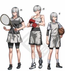  ball basketball_(object) bowl_cut boxing collarbone grey_hair grey_sports_bra highres muscular muscular_female original racket red_eyes rggr sports_bra tennis_racket 