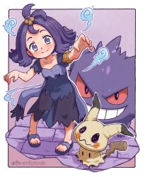  1girl :3 acerola_(pokemon) armlet beachepisode border closed_mouth collarbone commentary dress flipped_hair gengar hair_ornament hairclip highres jewelry mimikyu outside_border pigeon-toed pokemon pokemon_(creature) pokemon_sm purple_hair short_sleeves smile split_mouth standing toes topknot torn_clothes torn_dress white_border 