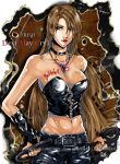  bare_shoulders belt blood blue_eyes body_writing breasts bridal_gauntlets brown_hair choker cleavage corset crop_top devil_may_cry earrings hoop_earrings jewelry leather lipstick long_hair midriff nail_polish necklace pendant solo trish tubetop very_long_hair whip 