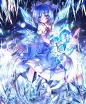  arm_ribbon barefoot blue_dress blue_eyes blue_hair blush cirno crystal dress ice leg_ribbon ribbon ribbons short_hair touhou wings 