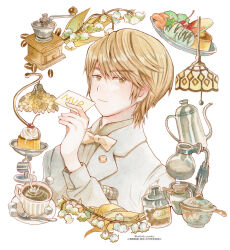  1boy blazer blonde_hair bow bowtie breast_pocket character_request cherry chocolate_syrup closed_mouth coffee coffee_beans coffee_grinder coffee_mug collared_jacket collared_shirt commentary_request cropped_torso cup expressionless flower food formal_clothes fruit grey_jacket grey_shirt hair_between_eyes handkerchief hatimitu_club highres holding holding_paper ice_cream jacket kettle kikai_sentai_zenkaiger lamp lapel_pin lapels lily_of_the_valley long_sleeves male_focus mug notched_lapels paper pocket pudding saucer shirt short_hair simple_background solo sugar_cube sundae super_sentai thick_eyebrows traditional_bowtie twitter_username watermark whipped_cream white_background white_flower yellow_bow yellow_bowtie yellow_eyes 