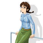  (^_^)_(pixiv198858) antenna_hair belt braid breasts brown_eyes brown_hair glasses idolmaster looking_up muhi11234 shadow shirt skirt striped striped_shirt twin_braids 