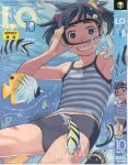  armpits bare_shoulders black_eyes bubble bubbles comic_lo fish goggles highres midriff scan scan_artifacts short_hair smile snorkel solo swimsuit takamichi tankini twintails 