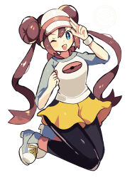  1girl ;d anidler91 black_pantyhose blue_eyes brown_hair double_bun full_body hair_bun highres long_hair looking_at_viewer one_eye_closed open_mouth pantyhose pokemon pokemon_bw2 rosa_(pokemon) shirt shoes shorts smile solo twintails very_long_hair visor_cap white_background yellow_shorts 