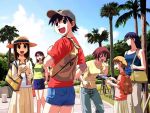  azuma_kiyohiko azumanga_daioh azumanga_daiou bag casual denim denim_shorts friends hat jpeg_artifacts kagura kasuga_ayumu mihama_chiyo mizuhara_koyomi multiple_girls official_art sakaki scan short_twintails shorts takino_tomo twintails 