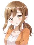  1girl absurdres bangs blush brown_eyes brown_hair brown_jacket closed_mouth collarbone commentary_request cropped_torso eyebrows_visible_through_hair hair_between_eyes head_tilt highres jacket kunikida_hanamaru long_hair looking_at_viewer love_live! love_live!_sunshine!! low_twintails open_clothes open_jacket ribbed_shirt shirt sidelocks simple_background sin_(sin52y) smile solo twintails upper_body white_background white_shirt 