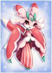  1girl antennae artist_name black_eyes blue_background blush border deviantart_username english_commentary full_body furry gen_7_pokemon hands_up happy highres light_blush looking_at_viewer lurantis midna01 no_humans open_mouth pokemon pokemon_(creature) red_sclera simple_background smile solo standing watermark web_address white_border 