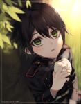  1boy 2018 black_hair black_jacket dated eyebrows_visible_through_hair food green_eyes hair_between_eyes highres holding holding_food hyakuya_yuuichirou jacket kiri_ph long_sleeves looking_at_viewer male_focus military military_jacket military_uniform open_mouth owari_no_seraph solo twitter_username uniform upper_body 