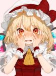 1girl ascot bangs blonde_hair blush bow breath commentary_request crystal eyebrows_visible_through_hair fang flandre_scarlet gotoh510 hair_between_eyes hands_on_own_cheeks hands_on_own_face hat hat_bow highres long_hair looking_at_viewer mob_cap one_side_up open_mouth pink_background puffy_short_sleeves puffy_sleeves red_bow red_eyes red_vest shirt short_sleeves simple_background solo touhou upper_body vest white_headwear white_shirt wings wrist_cuffs yellow_neckwear 