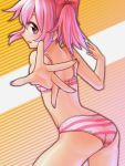  1girl ass bow bra cogara from_behind hair_between_eyes hair_bow kaname_madoka looking_at_viewer looking_back mahou_shoujo_madoka_magica open_mouth outstretched_arm panties pink_bra pink_hair pink_panties reaching red_bow red_eyes short_hair shoulder_blades solo standing striped striped_background striped_bra striped_panties twintails underwear underwear_only 