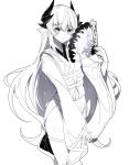  1girl bangs blush closed_mouth dragon_horns eyebrows_visible_through_hair fan fate/grand_order fate_(series) folding_fan greyscale hair_between_eyes hand_up holding holding_fan horns japanese_clothes kimono kiyohime_(fate/grand_order) long_hair long_sleeves monochrome obi ririko_(zhuoyandesailaer) sash simple_background sleeves_past_wrists smile solo thigh-highs very_long_hair white_background wide_sleeves 