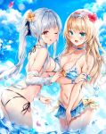  2girls :d ;9 ak-12_(girls_frontline) an-94_(girls_frontline) ass bangs bikini bikini_skirt blonde_hair blue_bikini blue_eyes blue_sky blush braid breasts closed_mouth clouds day eyebrows_visible_through_hair french_braid frilled_bikini frills girls_frontline hairband highres long_hair looking_at_viewer medium_breasts multiple_girls narae navel ocean off_shoulder one_eye_closed open_mouth outdoors red_eyes ribbon shirt side-tie_bikini sidelocks silver_bikini silver_hair sky smile stomach swimsuit thighs very_long_hair wading white_shirt 