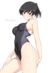  1girl amagami bangs black_eyes black_hair blush breasts character_name closed_mouth commentary_request competition_swimsuit cowboy_shot harukon_(halcon) highres large_breasts looking_at_viewer one-piece_swimsuit ponytail simple_background solo swimsuit tsukahara_hibiki white_background 