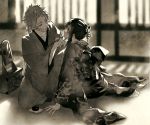  1boy 1girl applying_makeup black_hair hair_ornament japanese_clothes kimetsu_no_yaiba kimono long_hair looking_at_another magu_(a325934) makeup makeup_brush makomo_(kimetsu) mirror monochrome obi sabito_(kimetsu) sash scar sepia 