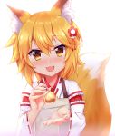  1girl animal_ears blonde_hair blush brown_eyes chao_wu_xing_xian chopsticks eyebrows_visible_through_hair fox_ears fox_tail holding holding_chopsticks japanese_clothes miko open_mouth senko_(sewayaki_kitsune_no_senko-san) sewayaki_kitsune_no_senko-san short_hair smile tail upper_body 