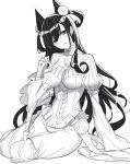  1girl bangs blush breasts closed_umbrella dress fate/grand_order fate_(series) greyscale hair_between_eyes hair_ornament head_tilt large_breasts long_hair long_sleeves looking_at_viewer monochrome murasaki_shikibu_(fate) parted_lips puffy_short_sleeves puffy_sleeves ririko_(zhuoyandesailaer) short_over_long_sleeves short_sleeves simple_background sitting solo two_side_up umbrella very_long_hair white_background wide_sleeves yokozuwari 