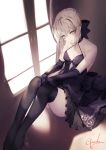  1girl artoria_pendragon_(all) bangs bare_shoulders black_dress black_gloves black_ribbon blonde_hair braid breasts collarbone dress elbow_gloves fate/stay_night fate_(series) french_braid gloves hair_between_eyes hair_bun hair_ribbon highres kyouya_(mukuro238) legs lighting long_hair looking_at_viewer open_mouth pale_skin ribbon saber_alter signature sitting small_breasts solo thighs window yellow_eyes 