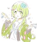  1girl :d bangs blue_neckwear blush_stickers bow commentary_request eyebrows_visible_through_hair green_eyes green_hair hair_between_eyes hair_bow hair_over_shoulder hands_up holding long_hair looking_at_viewer low_twintails meito_(maze) morinaka_kazaki neckerchief nijisanji open_clothes open_mouth petals red_bow sailor_collar school_uniform serafuku shirt simple_background smile solo twintails upper_body virtual_youtuber white_background white_sailor_collar white_shirt wide_sleeves 