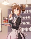  1girl ahoge alternate_costume apron blush breasts brown_hair closed_mouth commentary drill_hair enmaided eyebrows_visible_through_hair holding holding_tray idolmaster idolmaster_million_live! idolmaster_million_live!_theater_days indoors kamille_(vcx68) large_breasts looking_at_viewer maid maid_apron maid_headdress short_hair side_drill solo tray violet_eyes yokoyama_nao 