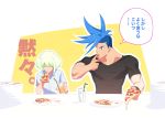 2boys black_shirt blue_eyes blue_hair closed_eyes cup drinking_glass drinking_straw eating food galo_thymos green_hair haiki_(tegusu) highres lio_fotia looking_at_another male_focus multiple_boys outline pizza plate plate_stack promare shirt sidelocks sitting t-shirt white_outline white_shirt 