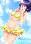  1girl absurdres bangs bare_arms bare_shoulders bikini bikini_skirt black_hair blue_sky blunt_bangs blush boku_no_hero_academia breasts cable clouds commentary_request day highres holding in_water jirou_kyouka kashima_mashino looking_at_viewer navel open_mouth outdoors short_hair sky small_breasts solo sun swimsuit upper_teeth water yellow_bikini 