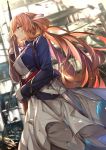  1girl american_flag bangs blazer blurry blurry_background blush bolt_action breasts brown_hair closed_mouth dress eyebrows_visible_through_hair floating_hair from_side girls_frontline gloves green_eyes gun hair_between_eyes hair_ribbon hair_rings highres holding holding_gun holding_weapon jacket kaerunoko large_breasts long_hair long_sleeves looking_afar m1903_springfield m1903_springfield_(girls_frontline) outdoors ribbon rifle shirt sidelocks skirt smile solo sword weapon white_dress wind wind_lift 