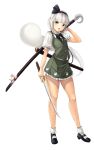  1girl absurdres arm_up bare_arms black_bow black_footwear black_hairband black_neckwear black_ribbon bobby_socks bow bowtie commentary_request flower full_body green_eyes green_skirt green_vest hair_ribbon hairband highres hitodama holding holding_sword holding_weapon katana konpaku_youmu konpaku_youmu_(ghost) looking_at_viewer mary_janes miniskirt open_mouth petticoat pink_flower pleated_skirt puffy_short_sleeves puffy_sleeves ribbon scabbard sheath sheathed shirt shoes short_hair short_sleeves silver_hair simple_background skirt skirt_set smile socks solo standing sword thighs touhou user_krrd2585 vest weapon white_background white_legwear white_shirt 