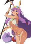  1girl animal_ears bare_shoulders blush breasts earrings facepaint facial_mark fate/grand_order fate_(series) hair_between_eyes hairband holding hoop_earrings jackal_ears jewelry long_hair looking_at_viewer looking_back low-tied_long_hair medium_breasts miyazakit navel nitocris_(fate/grand_order) panties purple_hair sidelocks simple_background solo underwear usekh_collar very_long_hair violet_eyes white_background 