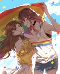  2girls armband artist_name artist_request brown_hair choker closed_eyes couple english_commentary hair_ribbon multiple_girls original rainbow_flag ribbon smile wind yuri 