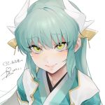  1girl bangs blush closed_mouth commentary_request dated dragon_girl dragon_horns eyebrows_visible_through_hair fate/grand_order fate_(series) green_hair horns japanese_clothes kimono kiyohime_(fate/grand_order) long_hair ohisashiburi simple_background solo translated upper_body white_background yellow_eyes 