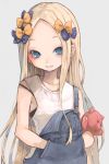  1girl abigail_williams_(fate/grand_order) alternate_costume bangs bare_shoulders black_bow blonde_hair blue_eyes blush bow commentary_request fate/grand_order fate_(series) forehead grey_background grin hair_bow hands_in_pocket long_hair nyucha object_hug orange_bow overalls parted_bangs polka_dot polka_dot_bow simple_background smile solo stuffed_animal stuffed_toy tank_top teddy_bear upper_body very_long_hair white_tank_top 