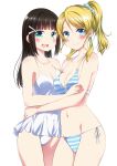  2girls absurdres ascii_media_works ayase_eli bikini black_hair blonde_hair bushiroad cute highres hime_cut hug kurosawa_dia love_live! love_live!_school_idol_project love_live!_sunshine!! moe mole multiple_girls navel open_mouth ponytail striped striped_bikini summer sunrise_(studio) swimsuit swimsuit_skirt trait_connection white_background yuri zero-theme 