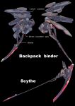 alice_gear_aegis black_background english_text g.haruka gun mecha_musume mechanical_parts mechanical_wings scythe simple_background weapon wings 