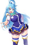  1girl aqua_(konosuba) bare_shoulders blue_eyes blue_footwear blue_hair blush boots bow breasts commentary_request detached_sleeves eyebrows_visible_through_hair green_bow hair_between_eyes hair_ornament hair_rings kono_subarashii_sekai_ni_shukufuku_wo! large_breasts long_hair looking_at_viewer no_panties onsoku_maru open_mouth see-through simple_background skirt solo thigh-highs thigh_boots very_long_hair white_background white_sleeves 