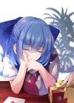  1girl 1other ahoge blue_hair blurry bow box character_doll character_name cirno commentary_request depth_of_field doll elbow_rest english_commentary eyebrows_visible_through_hair gift gift_box hair_between_eyes hair_bow hakurei_reimu hand_on_own_chin hand_on_own_face highres holding holding_doll imoutochiru letter mixed-language_commentary puffy_short_sleeves puffy_sleeves shirt short_hair short_sleeves sleeping solo_focus table touhou tree white_background white_shirt yin_yang 