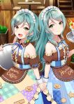 2girls :d absurdres alternate_costume apron aqua_hair back-to-back bang_dream! bangs bare_shoulders blue_dress blue_neckwear blue_ribbon bow braid brown_shirt cafe center_frills checkered closed_mouth clothes_writing collar collarbone commentary_request cuff_links detached_collar dress duplicate enmaided eyebrows_visible_through_hair feet_out_of_frame frilled_apron frills from_side green_eyes hair_bow hand_up highres hikawa_hina hikawa_sayo holding holding_hands holding_tray indoors long_hair looking_at_viewer maid maid_apron maid_headdress mia_(fai1510) multiple_girls neck_ribbon open_mouth parfait puffy_short_sleeves puffy_sleeves ribbon shirt short_hair short_sleeves siblings side_braid sidelocks sisters smile standing star striped_apron swept_bangs teeth tray twin_braids twins upper_teeth waist_apron wrist_cuffs yellow_bow